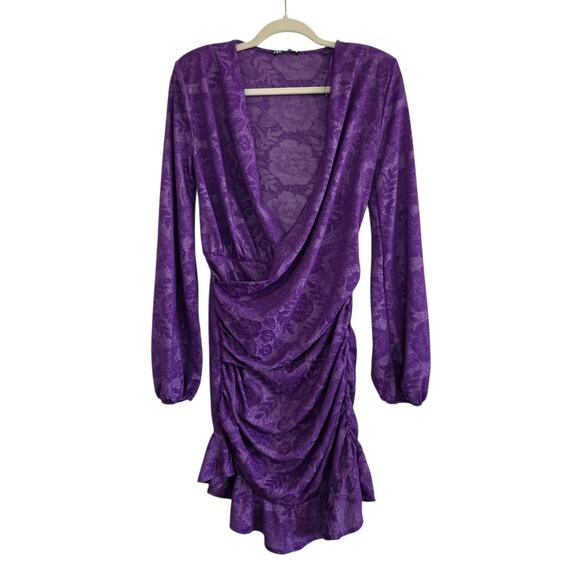 Zara Purple Wrap Front Mini Dress Long Sleeve Floral Embossed Print V-Neck Small - Picture 3 of 13